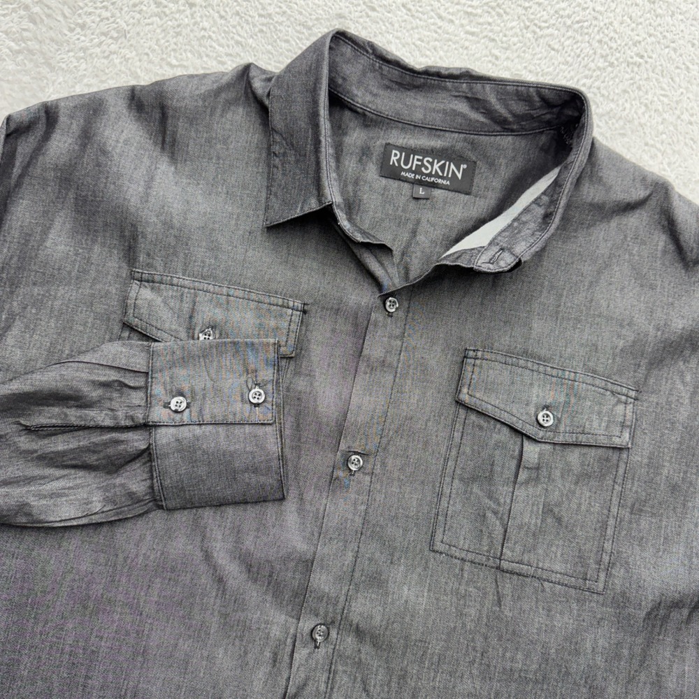 Rufskin Mens Gray Cotton Button Up Shirt Long Sleeve Flap Pockets L Made in USA